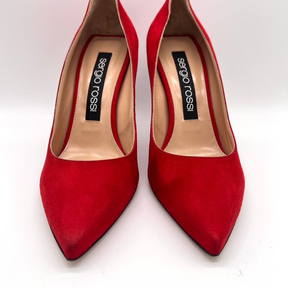 SERGIO ROSSI Shoes Womens 40 Red Suede Milano Pump Pointy Toe Heels Stiletto - Picture 2 of 13